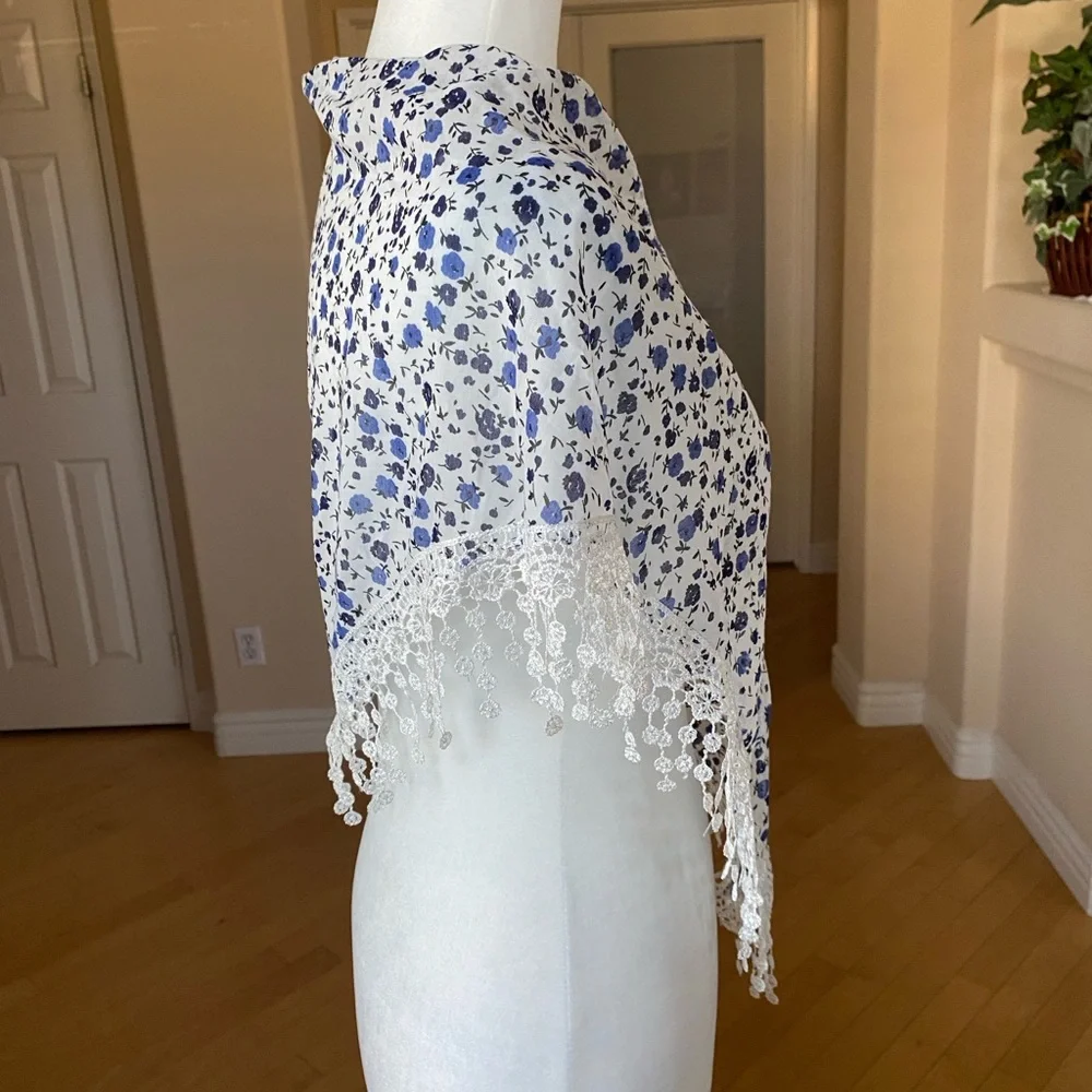 Floral Lace Scarf with Blue and White Pattern